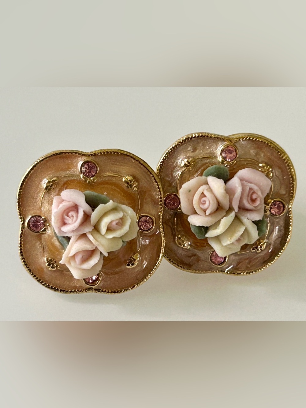 Vintage Rose & Enamel Pierced Earings